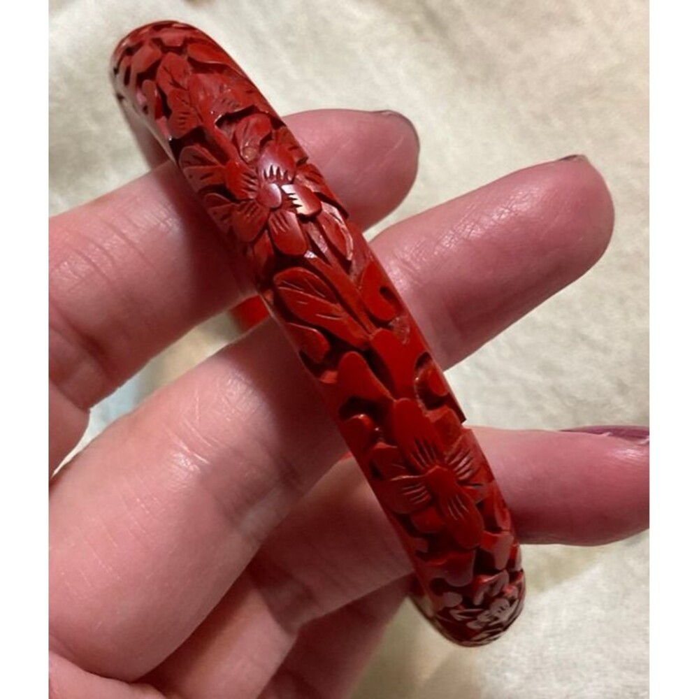 Vintage Cinnabar Bangle, Thick Dark Red, Carved Floral